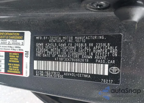 2011 Toyota Camry Le from USA, damaged, VIN 4T1BF3EK7BU662619
